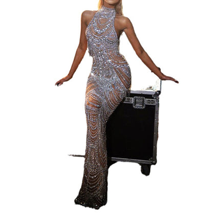Halter Neck Gold Sprinkled Long Dress