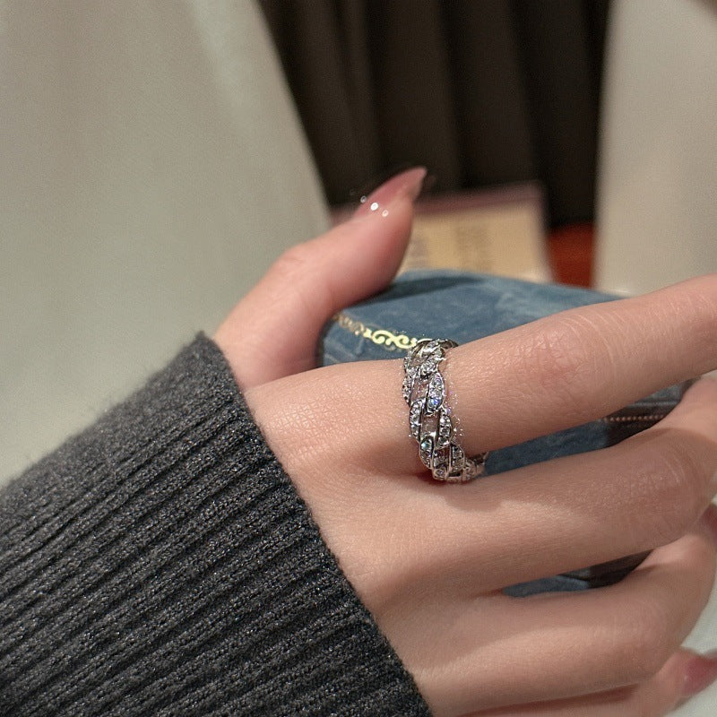 S925 Sterling Silver Micro-Inlaid Zircon Adjustable Vintage Chain Ring
