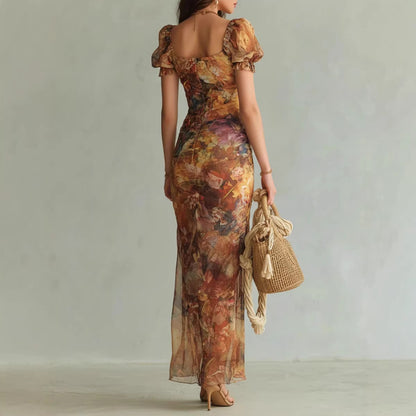 V Neck Ruffled Hem Waist-Cinching Dress