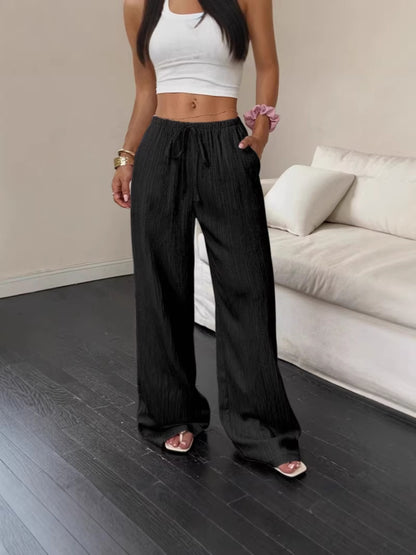 Womens Textured Knotted Waist Wide Leg Pants