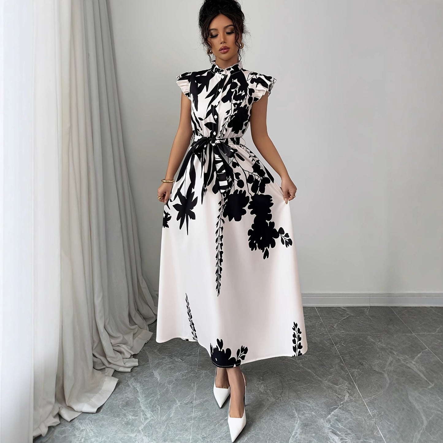 Floral Print Ruffle Sleeve Dress