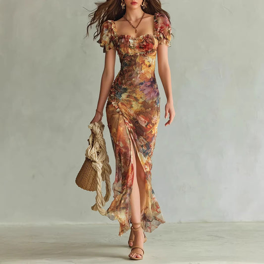 V Neck Ruffled Hem Waist-Cinching Dress