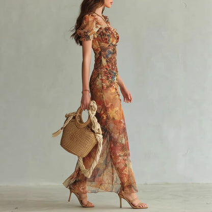 V Neck Ruffled Hem Waist-Cinching Dress