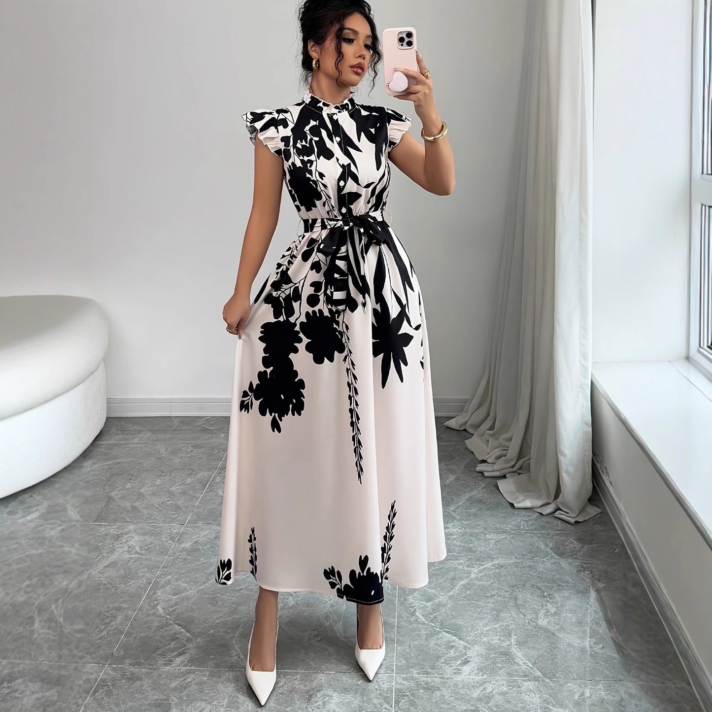 Floral Print Ruffle Sleeve Dress