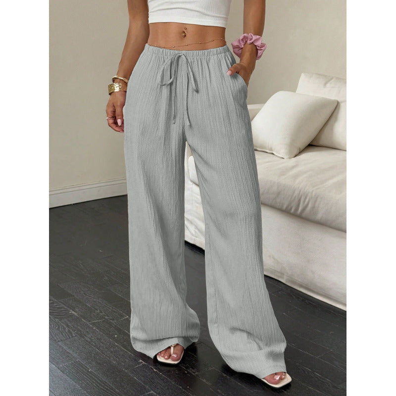 Womens Textured Knotted Waist Wide Leg Pants