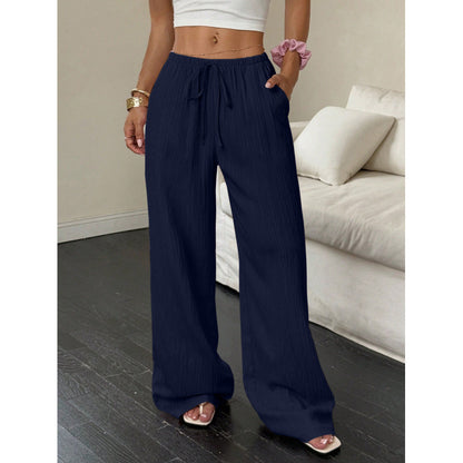 Womens Textured Knotted Waist Wide Leg Pants