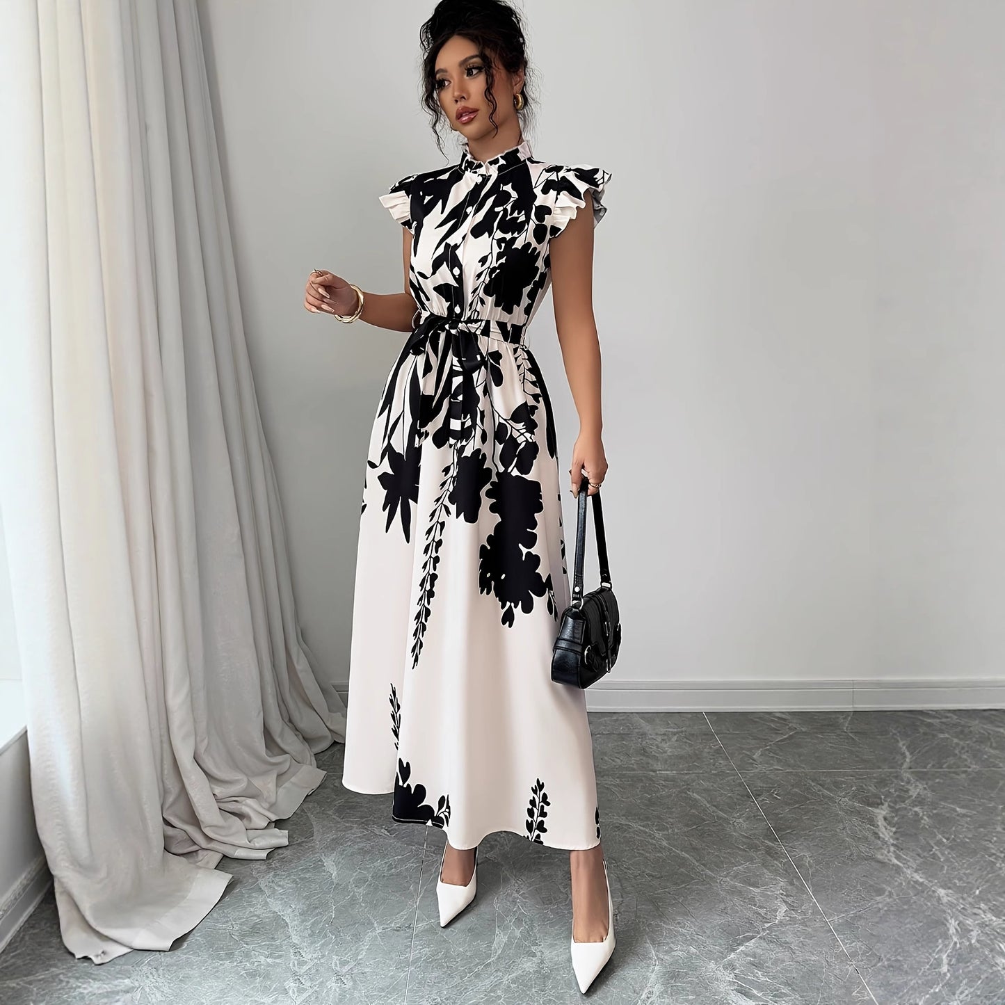 Floral Print Ruffle Sleeve Dress