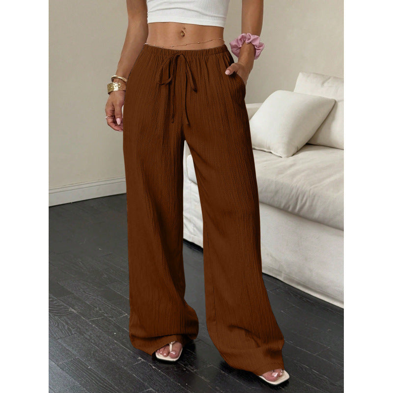Womens Textured Knotted Waist Wide Leg Pants