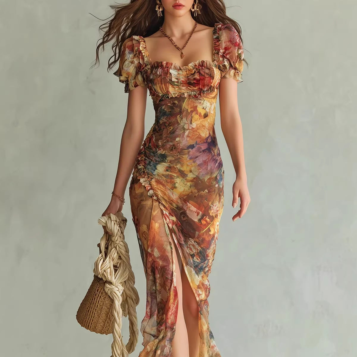 V Neck Ruffled Hem Waist-Cinching Dress