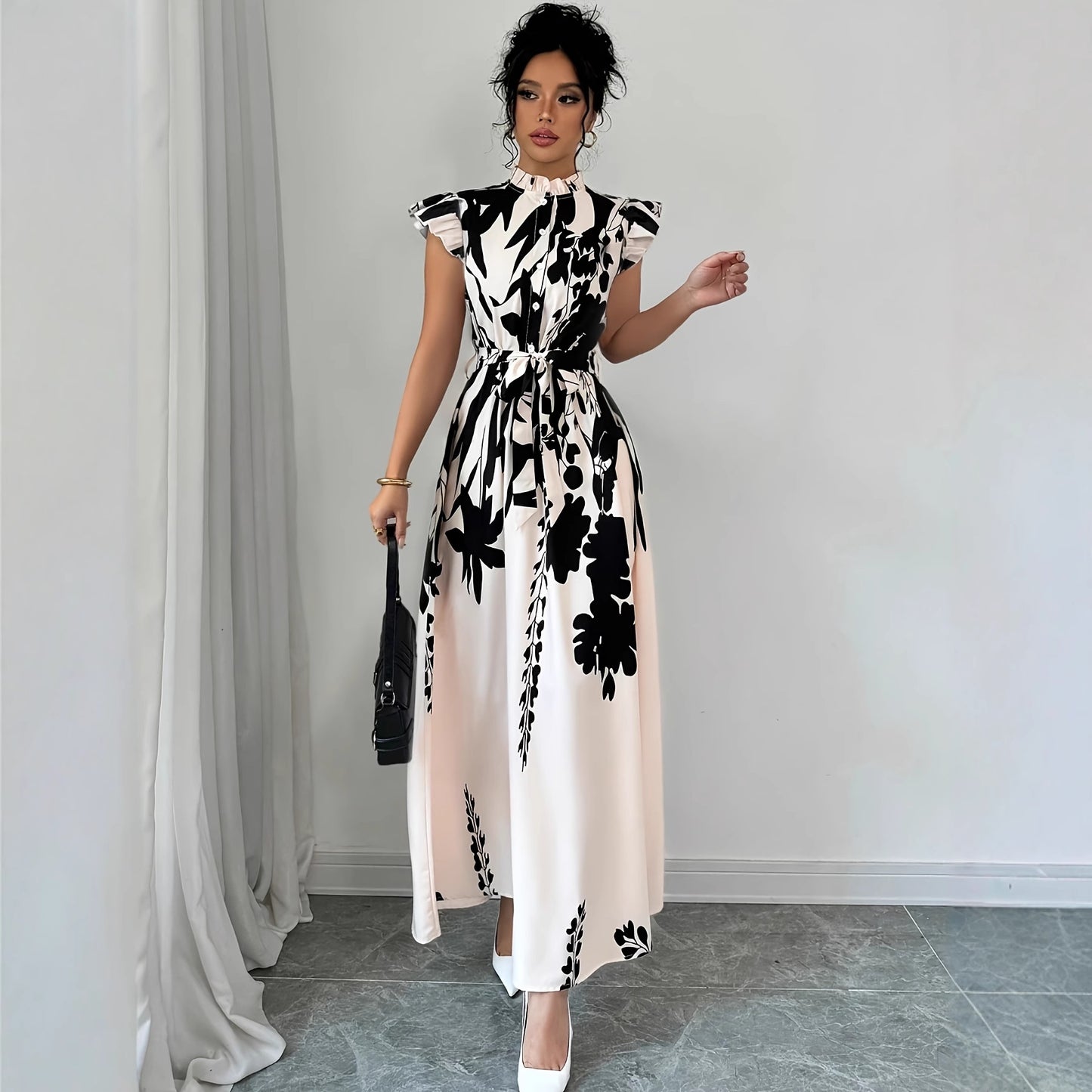 Floral Print Ruffle Sleeve Dress